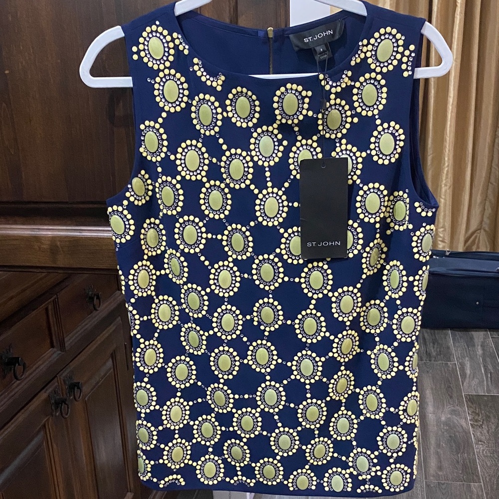 St. John Navy Sleeveless Top with Gold and Yellow Beaded Medallions
